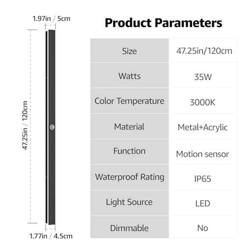 2 Pack 47.25inch Motion Sensor Long Outdoor Wall Lights 35W Black 3000K Warm White Motion Porch Lights IP65 Waterproof Exterior Wall Light Fixtures for Garage Patio Porch (47.25inch)