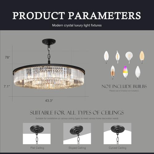 Modern Crystal Chandelier with 12 Lights (D43" / Matte Black)