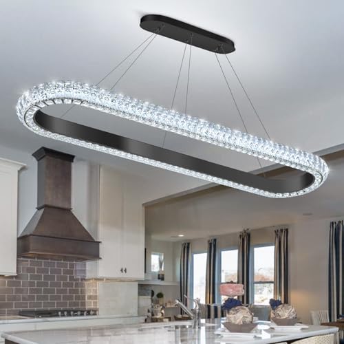 47'' Oval Ring Crystal Chandelier Modern LED Dimmable Ring Pendant Light Chandelier for Dining Room Living Room Black (Black / 1 Ring Oval 47")