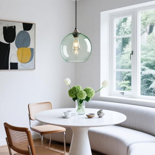 Light Green Seeded Glass Pendant Lights Kitchen Island 3 Pack (Light Green / L - 9.84 in)