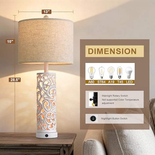 Bedside Table Lamps Set of 2 with Night Light & Top Light