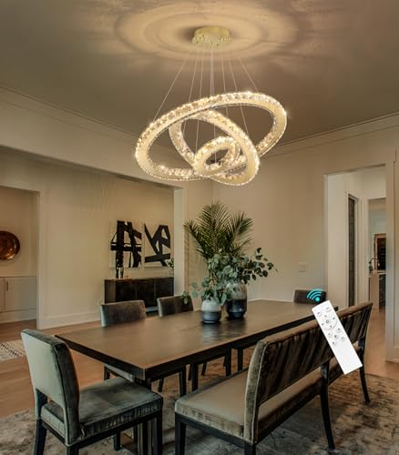 Modern Crystal Chandelier Dimmable LED Ceiling Light Fixture 3 Ring Adjustable Stainless Steel Chandeliers for Dining Room Living Room Bedroom Gold (Gold / 3-Ring 24")