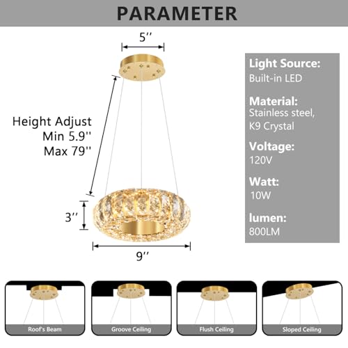 8" Ring Modern LED Dimmable Crystal Chandelier Adjustable Height Pendant Light Round Crystal Chandelier Light Fixtures for Dining Room Living Room Kitchen Island Gold (Gold / 1 Ring Round 8")