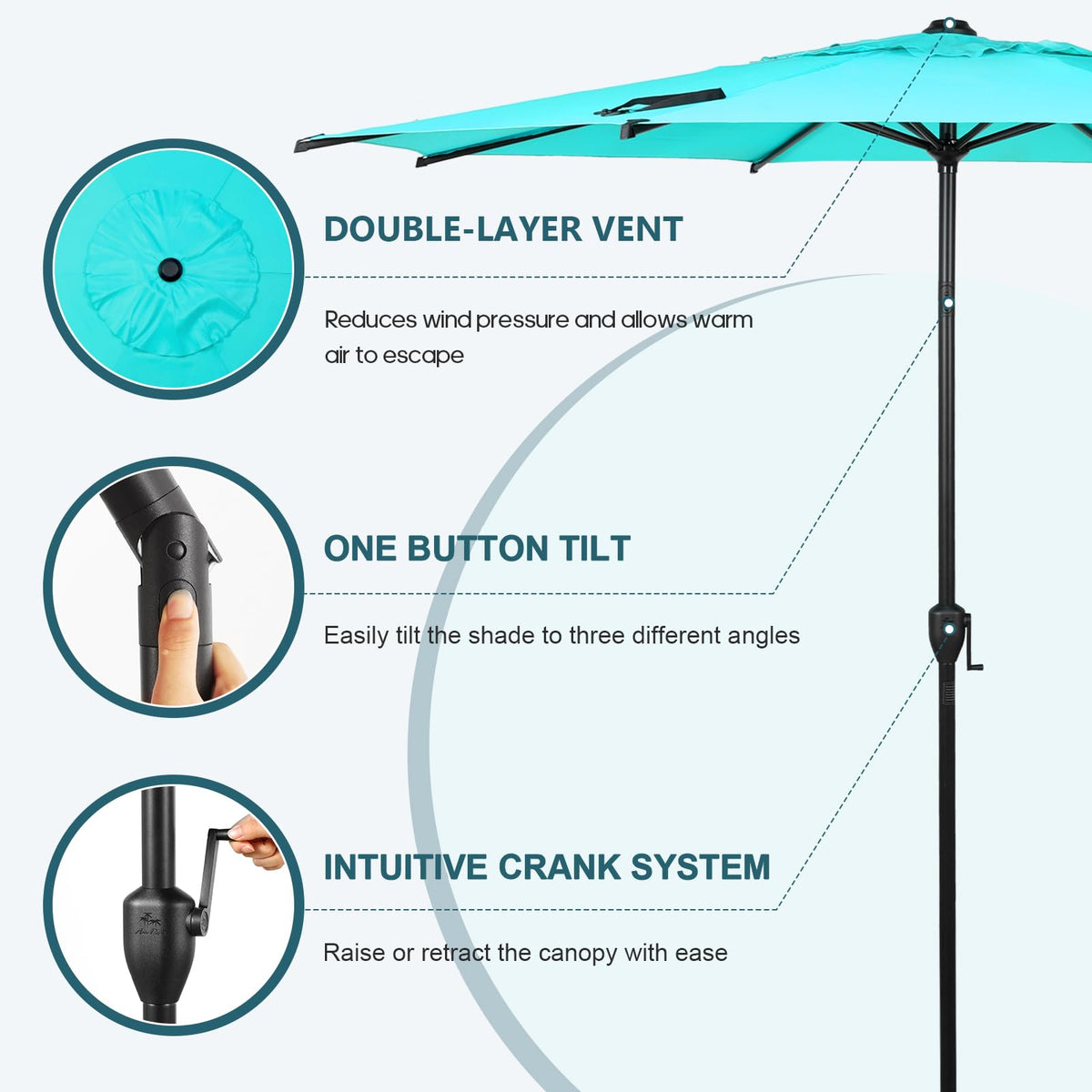 9FT Lyon Outdoor Patio Umbrella Outdoor Table Umbrella with Push Button Tilt and Crank Market Umbrella 8 Sturdy Ribs UV Protection Waterproof for Garden Deck Backyard Pool (9 FT(8 Ribs) / Turquoise)