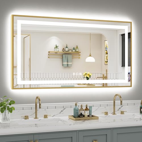 55x30 Inch LED Bathroom Mirror with Gold Frame (Backlit+front Lit With Gold Frame / 55"L x 30"W)