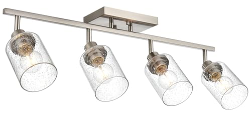 4 Light Brushed Nickel Kitchen Track Lighting Fixtures Ceiling Mount Track Lighting Kit with Bubble Seeded Glass Shade Modern Bathroom Tracking Vanity Lights Ceiling Tracking Accent Shop Light (Brushed Nickel / 4-Light)