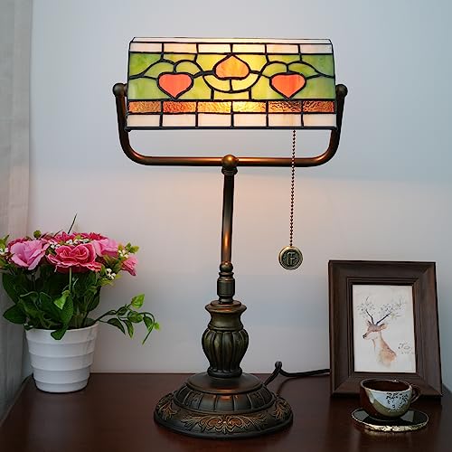 Tiffany Style Heart Bankers Table Lamp Stained Glass Vintage Bedroom Bedside Study Pull Chain Reading Desk Lamps Office Nightstand Aesthetic Antique Green Banker'S Lamp Work Light Desklamp (Red Hearts)