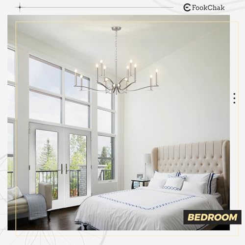 12 Light Nickel Living Room Chandelier High Ceiling Foyer Candle Chandelier Large Modern 44in Metal Chandeliers Hanging Light for Master Bedroom Dining Room Light Fixture Over Table (Nickel / 44 inch)