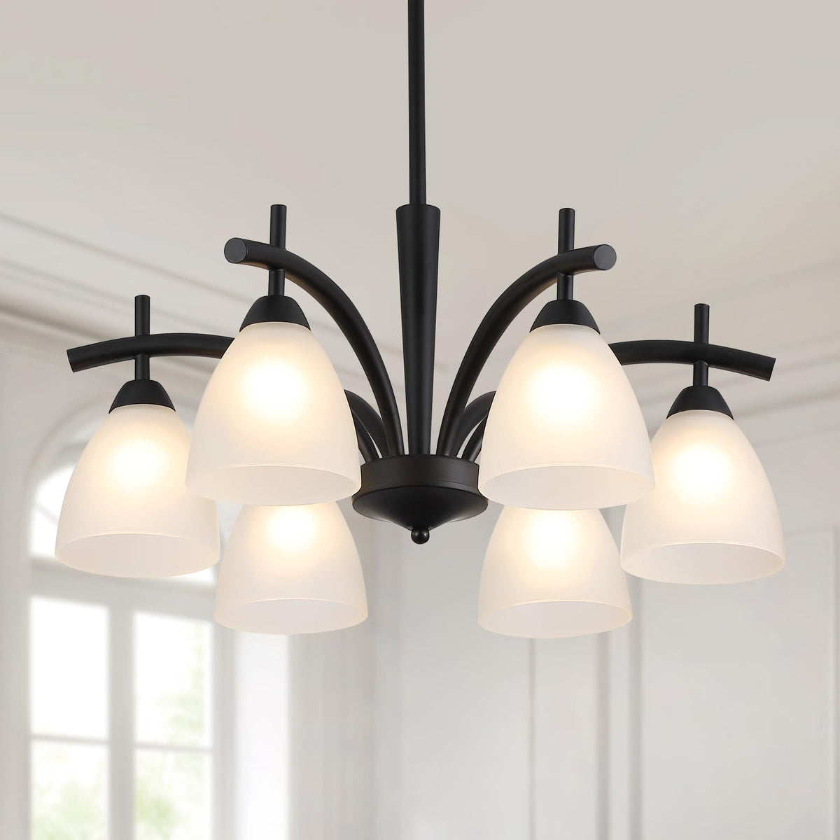 Modern Farmhouse Black Frosted Glass Chandelier Rustic Kitchen Light Fixtures 6 Lights for Dining Room Living Room Foyer Entryway Bedroom UL Listed D25.6 Inches (Black)