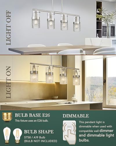 4 Light Brushed Nickel Island Chandelier Lights for Kitchen (Silver -Hammered Glass / 3.5" Hammered Glass, 4-Light)
