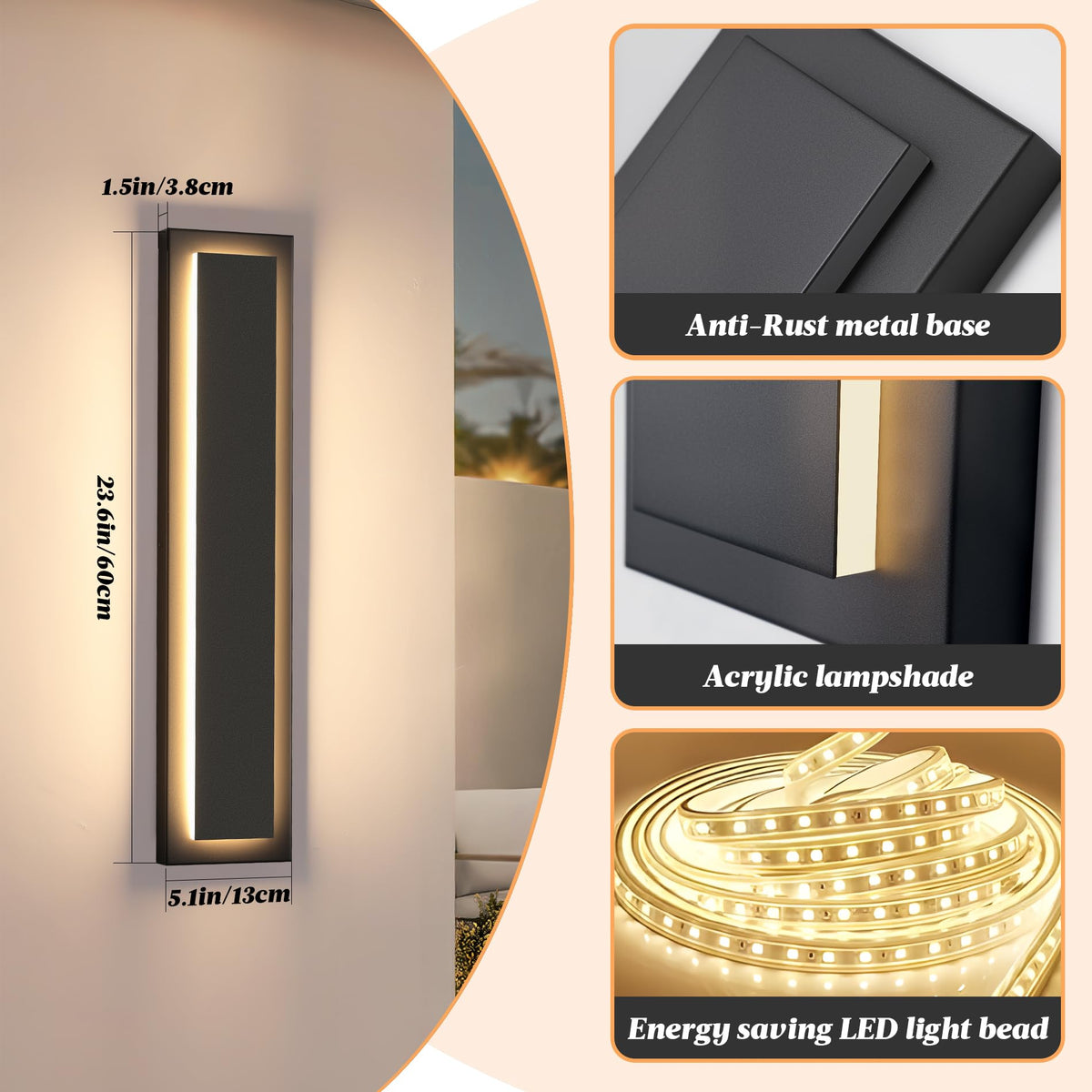 24 in Black Outdoor Wall Light (Black 1-tier Modern Design / 23.6 Inches（60 cm）)