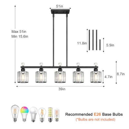 39" Crystal Island Light for Kitchen 5 (Black / 5 light-39in)