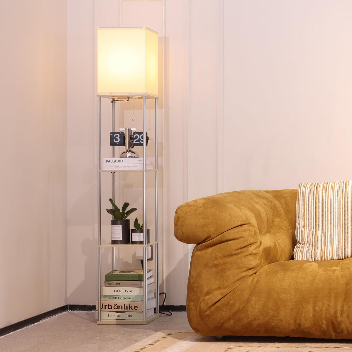 Floor Lamp with Shelves (Beige+Bright Silver-1 Pack)