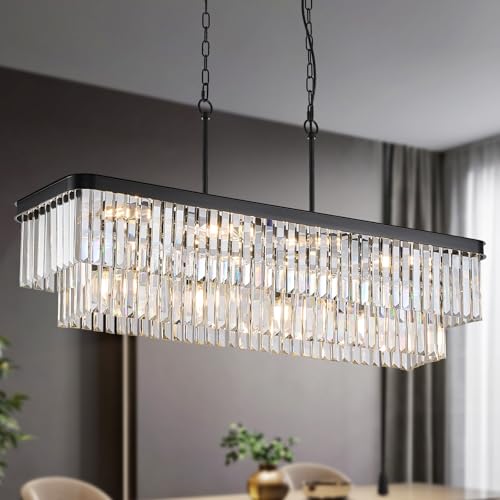 Black Crystal Chandeliers 12 Lights 40" Rectangle Chandelier (Black / Long-39.4”)