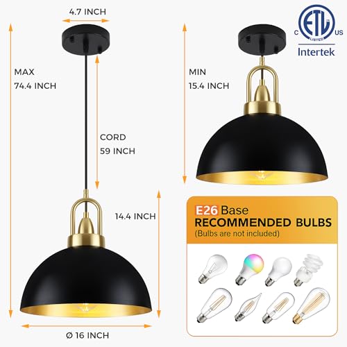 16 inch Dome Pendant Light (Black & Gold / 16 inch)