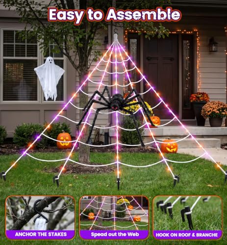 Upgrade Halloween Spider Web Decorations Outdoor + 59" Giant Spider Décor (purple&orange)