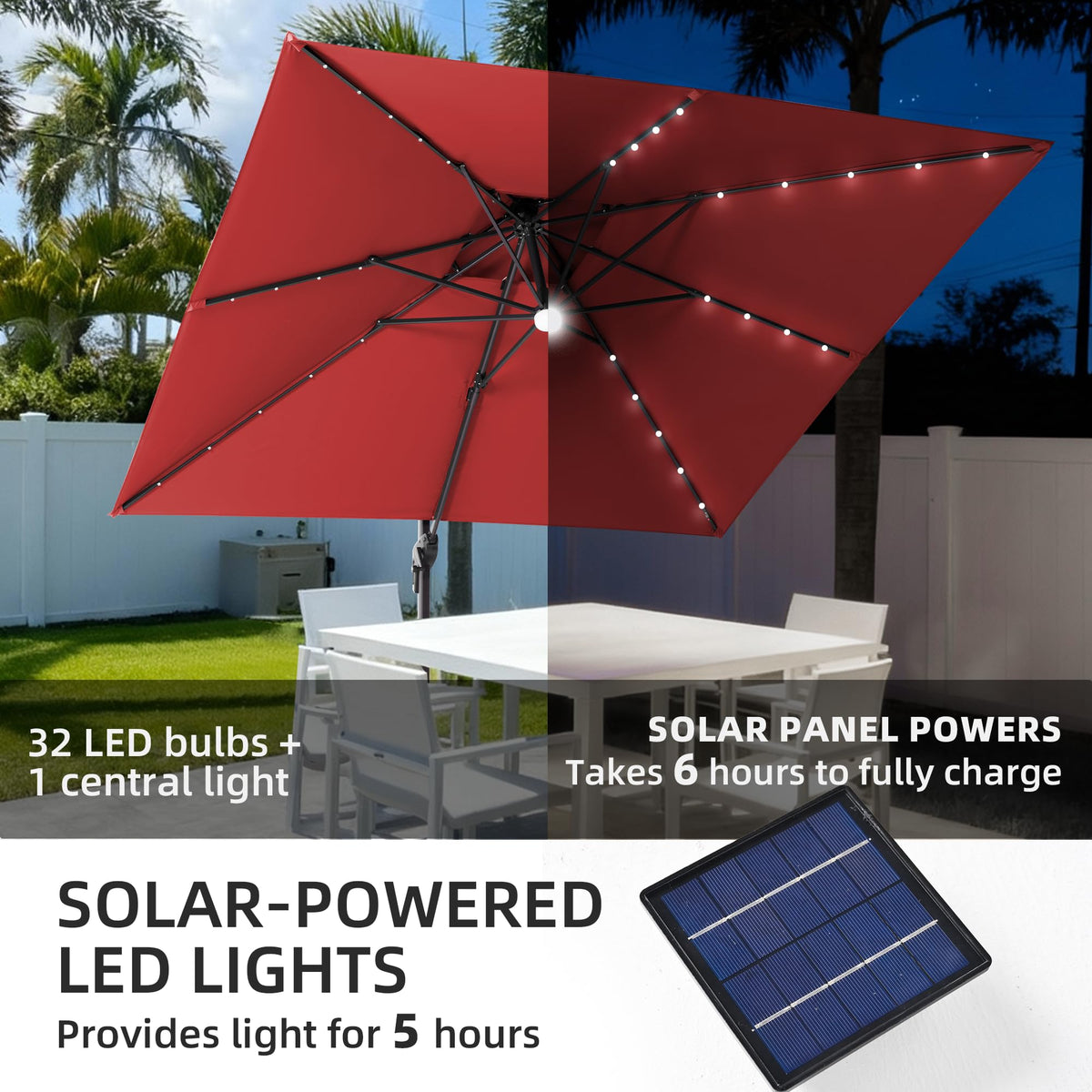 9x9 FT Cantilever Offset Patio Umbrella with Lights & Base (Red)