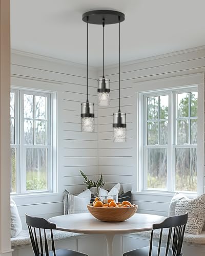 Black 3 Light Pendant Fixtures (Black -Hammered Glass / 3.5" Hammered Glass, 3-Light)