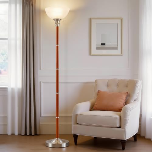 72" Wood Torchiere Floor Lamp with Glass Shade Nikel Standing Lamp (Brushed Nikel)