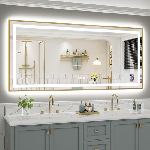 77x36 Inch LED Bathroom Mirror with Gold Frame (Backlit+front Lit With Gold Frame / 77"L x 36"W)