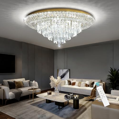 Modern Gold Crystal Chandelier LED Ceiling Light Fixture Raindrop Chandeliers Dimmable Lighting for Living Room Dining Room Entryway Bedroom (Gold / W32")