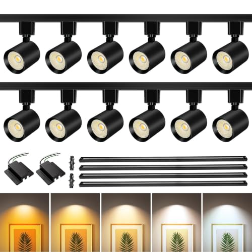 2-Set 5-Color 6-Light LED Track Lighting Kit with 6.6FT H Type Track Lighting Rail, DimmableTrack Lights with Floating Canopy, Ceiling Spot Light Flicker Free, CRI90+, 36° Beam 10W 800lm, Black