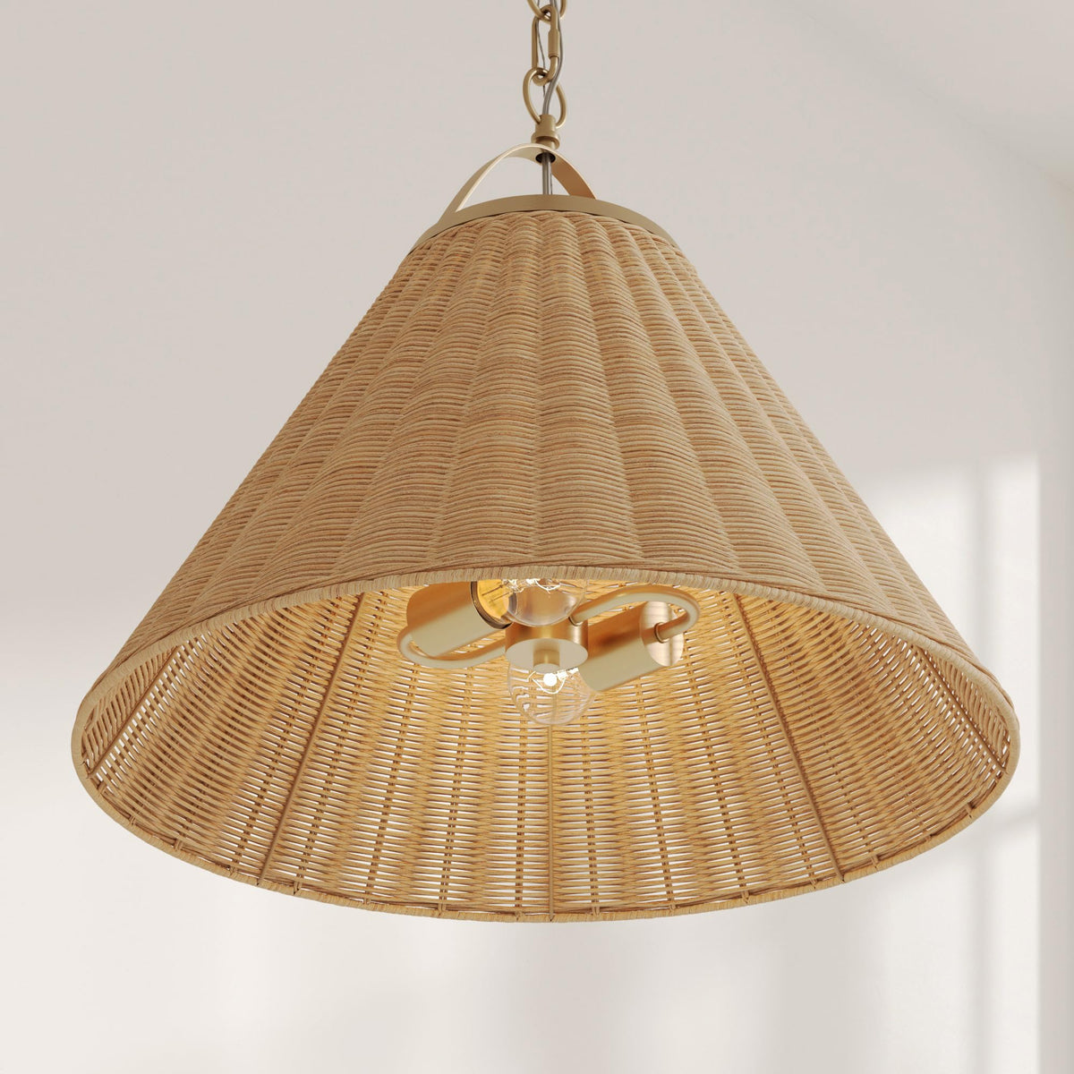 Cyprus Rattan Pendant Light with Coastal Wicker Cone Shade and Adjustable Brass Chain (Vintaged Brass/Rattan Light Brown / Set of 1)