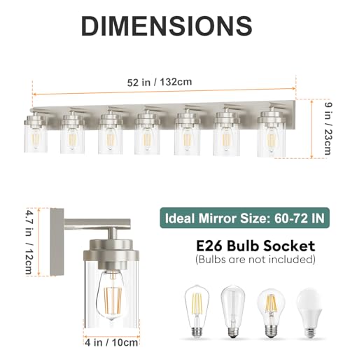 Bathroom Vanity Light Fixture (Nickel-Clear Glass Shade / 52 inch-7-Light)