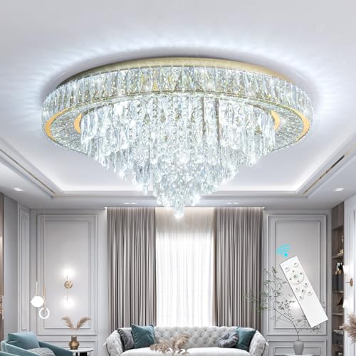 Modern Crystal Chandeliers for Living Room Ceiling Light Fixture LED Dimmable Lamp with Remote Pendant Lighting Flush Mount Ceiling Light for Dining Room Bedrooms Foyer (Gold / 31.5" Width)