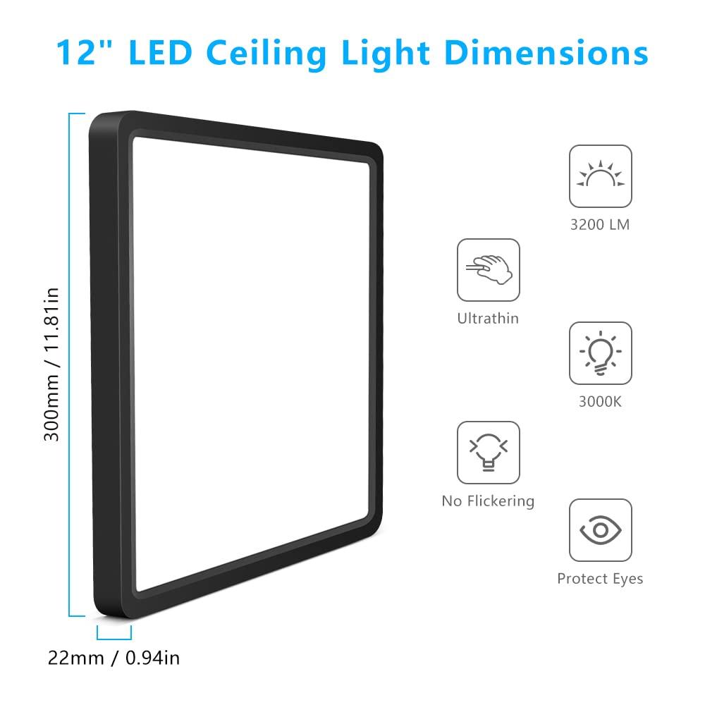 12Inch 24W Square LED Ceiling Light Fixtures Flush Mount (Warm White / 12 inch Black)