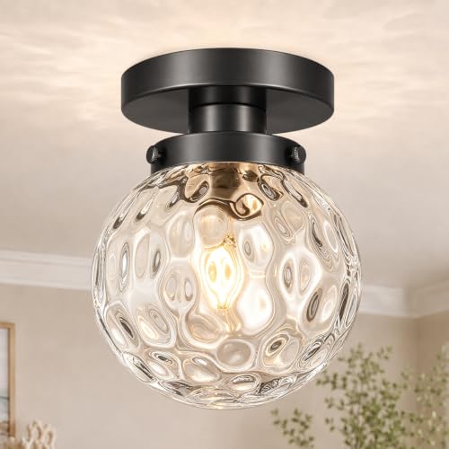 Small Semi Flush Mount Ceiling Light Fixtures (Black & Clear Harmmered Glass / 6in-1 light)