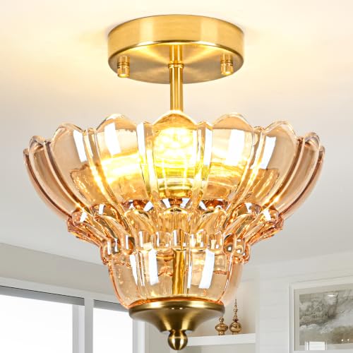 Vintage Gold Semi Flush Mount Light with Floral Amber Shade (Gold and Amber)