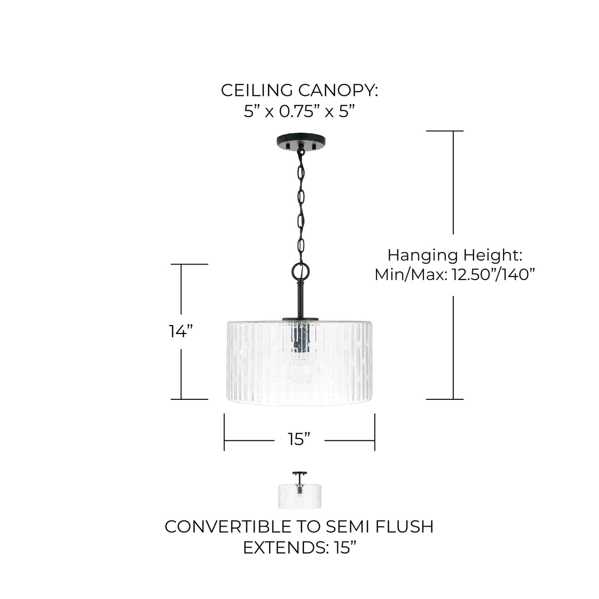 Capital Lighting 241311MB Emerson Embossed Seeded Glass Convertible Pendant (Matte Black)