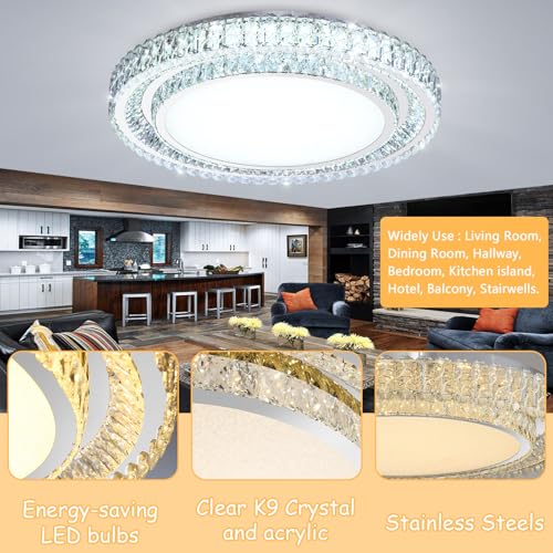 31.4" Dimmable Crystal Chandelier Modern LED Flush Mount Ceiling Light Fixtures for Living Room Bedroom Hallway Kitchen Island Staircase Silver (31.4" Silver)