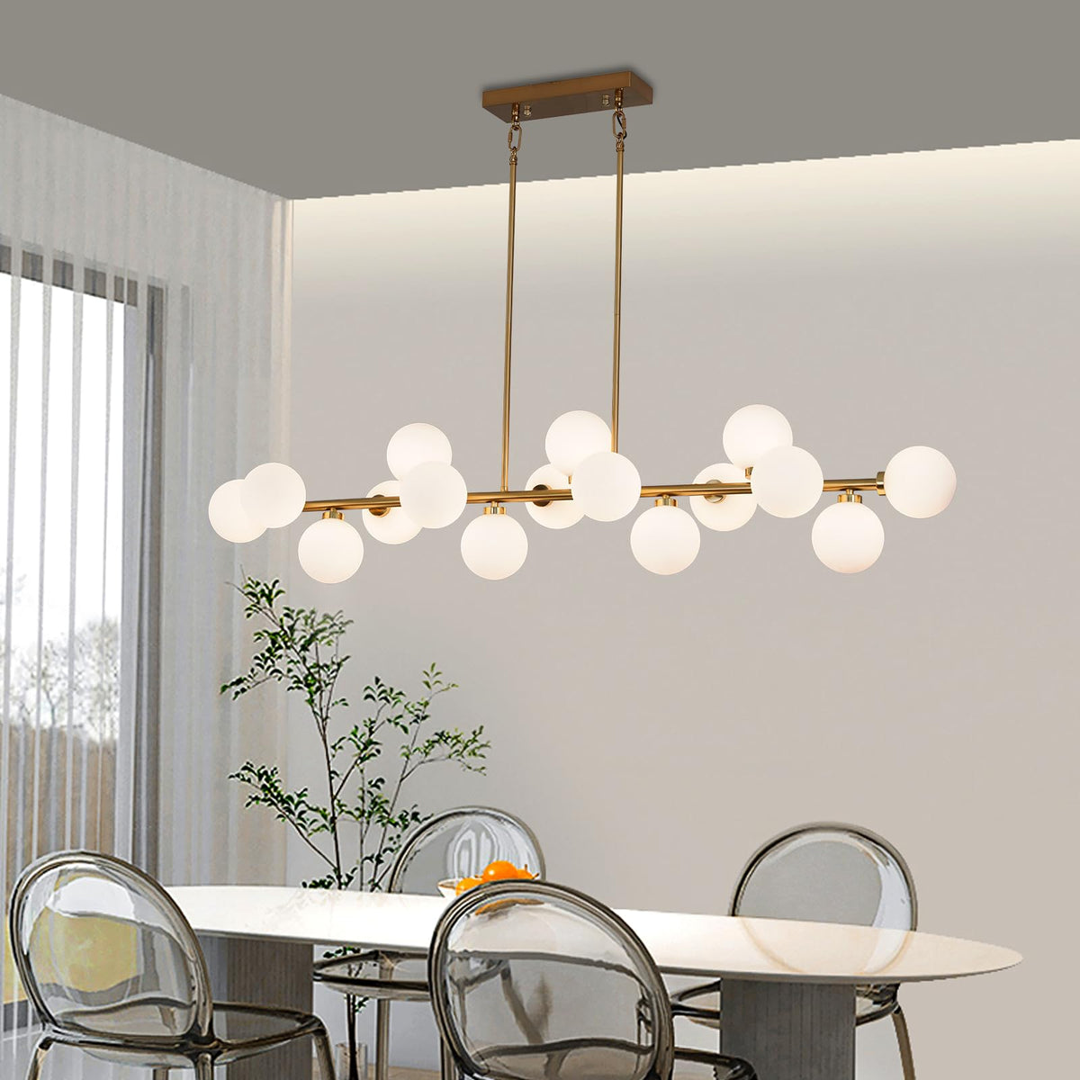 55 Inch Brass Gold Linear Chandelier (Gold with Milky White Shade / 16 Lights)