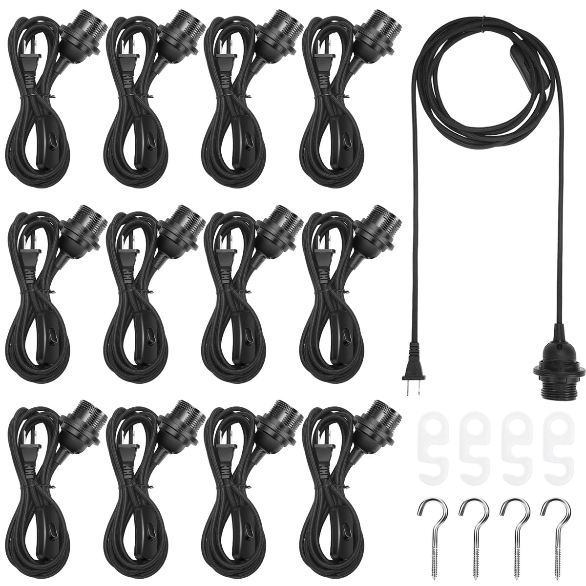 12 Pack Pendant Light Cord E26 E27 Socket with Switch (12 ft / Black)