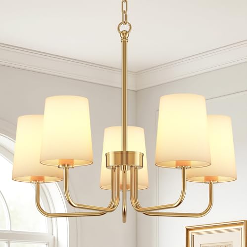 Chandelier, 5-Light Farmhouse Chandeliers for Dining Room, Height Adjustable Dining Room Light Fixture with White Fabric Shade