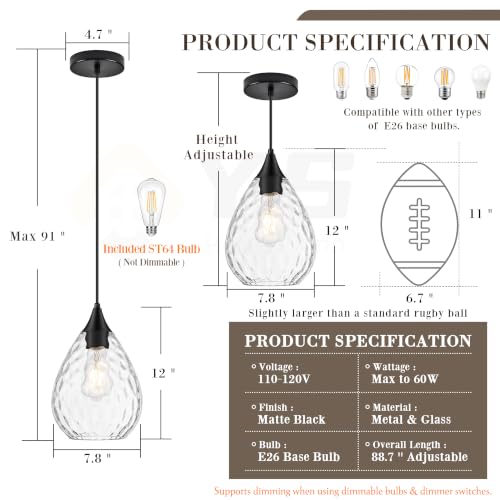 Black Glass Pendant Lights Kitchen Island 8" Pendant Light Hammered Clear Glass 3 Pack Height Adjustable Modern Hanging Pendant Lights for Dining Room Bedroom Hallway Sink Bulbs Incl (Black, 3 PK / 8 Inch)