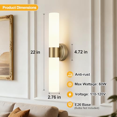 Wall Sconces Set of Two (Brass & Milky White Glass / Hardwired-22 Inch-2PC)