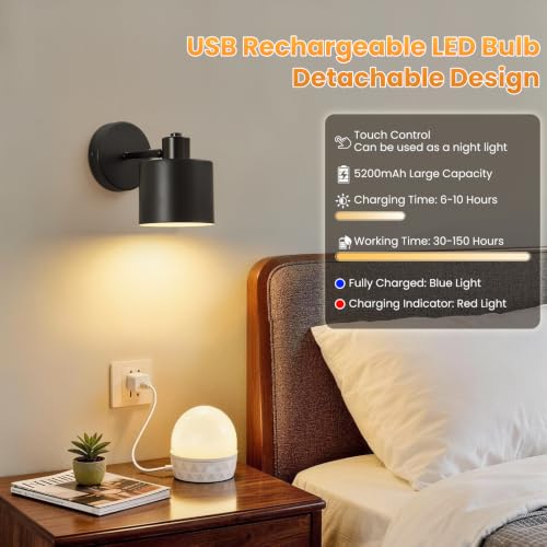 Battery Powered Wall Sconces Set of Two Black with Remote Control (Black Rechargeable)