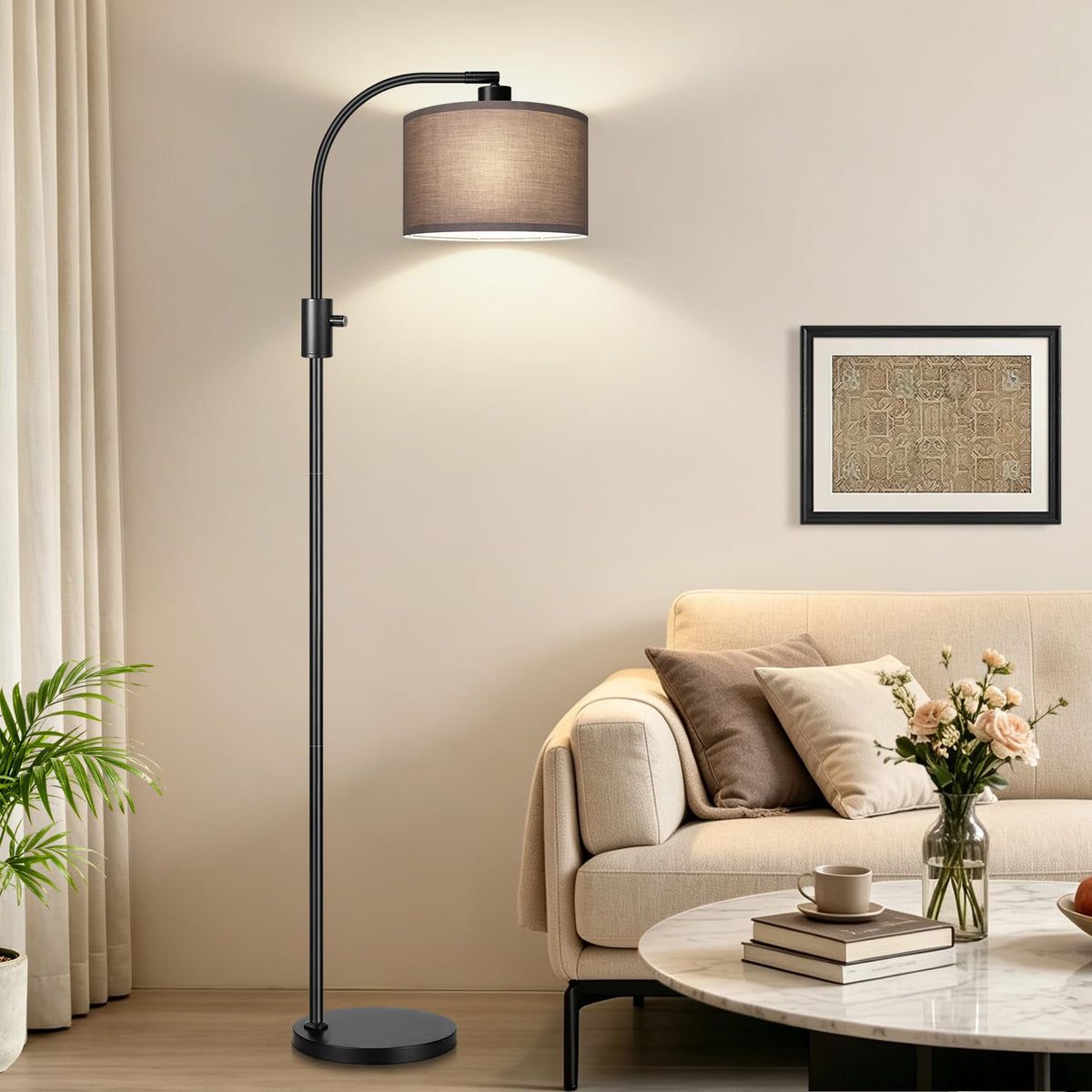 Dimmable Black Floor Lamp (Black - Khaki Linen Shade)