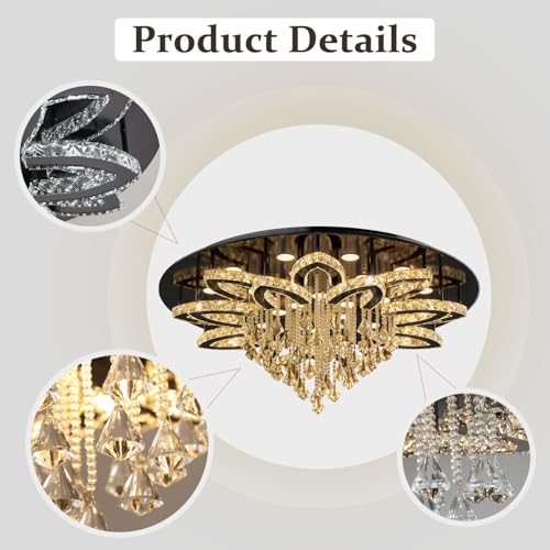 W40 Modern Black Crystal Chandelier for Living Room High Ceiling Crystal Raindrop Chandelier Flush Mount Chandeliers for Foyer Hallway Dimmable 2700K (Black / W:40inches)