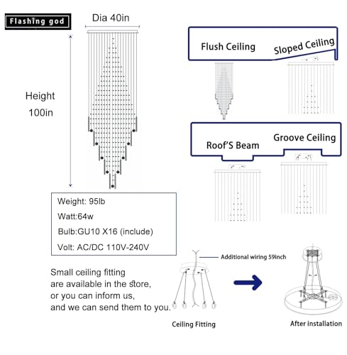 D40''X H120'' Modern LED Crystal Chandelier for High Ceiling Dimmable Large Crystal Raindrop Chandeliers Chandeliers for Entryway Staircaes Foyer Hallway Tall Living Room (Silver / D40"X H120")