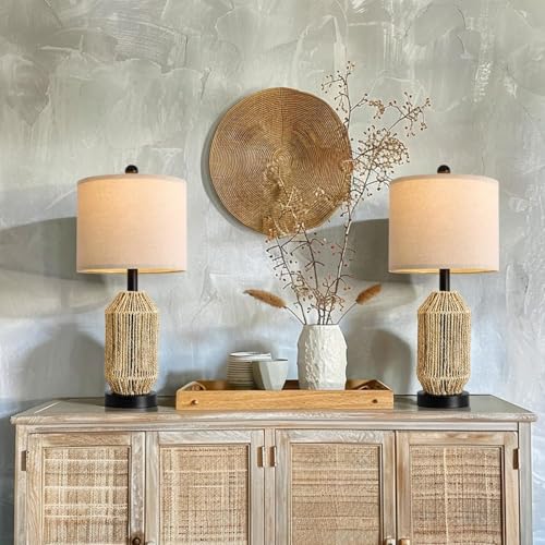 21" Boho Table Lamps Set of 2 for Living Room (Wood Brown and Black)