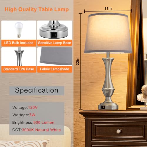 Touch Lamps for Nightstand (N. Grey Shade & Silver Base / Medium（22 In）)