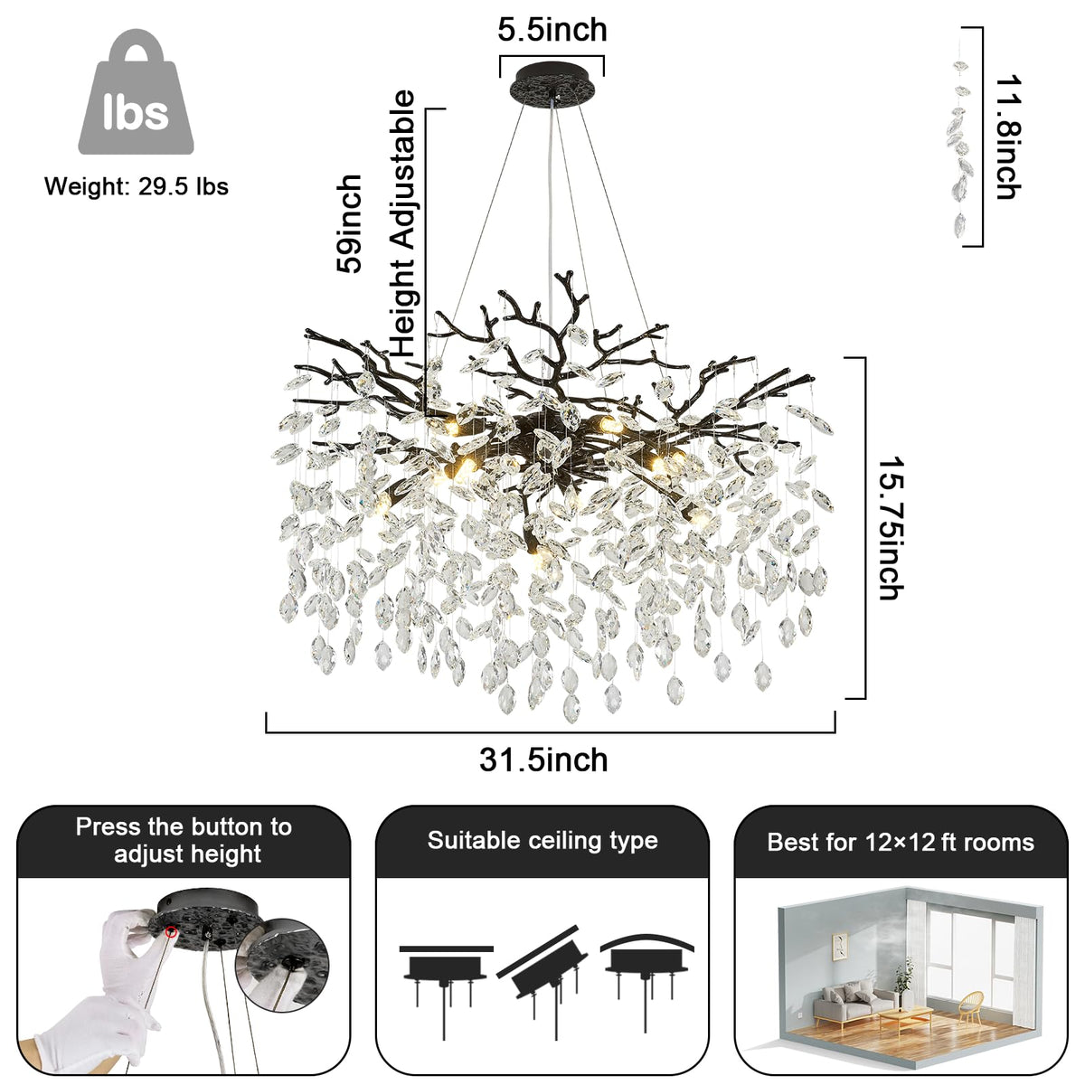 Modern Crystal Chandelier (Black / A-D31.5 Inch)