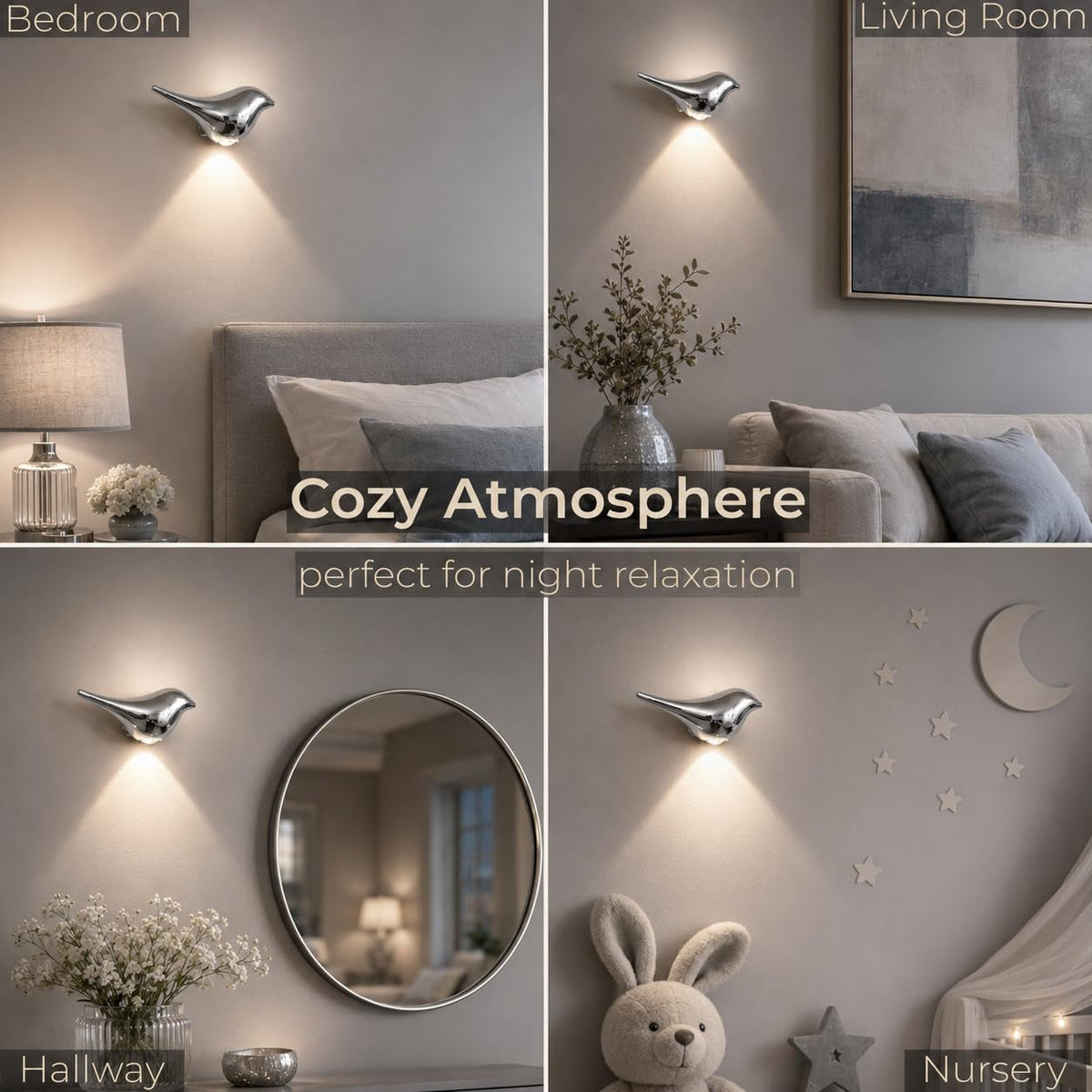 2 Pack Indoor Motion Sensor Bird Wall Lights (Silver)