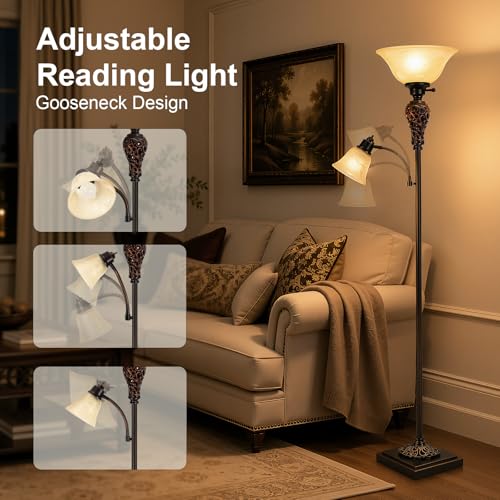 Vintage Torchiere Floor Lamp with Adjustable Reading Light (Brown)