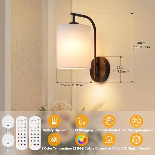 Battery Operated Wall Sconce Set of 2 (Black / Linen / Large)