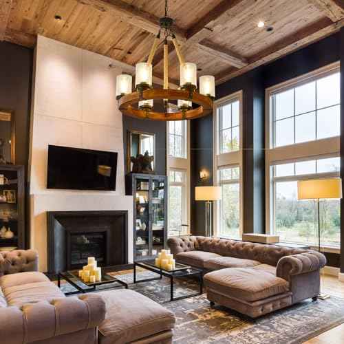 6 Light Round Wagon Wheel Chandelier Farmhouse Rustic Pendant Light Fixture with Seeded Glass Shades (Wood-600-6T-UP)